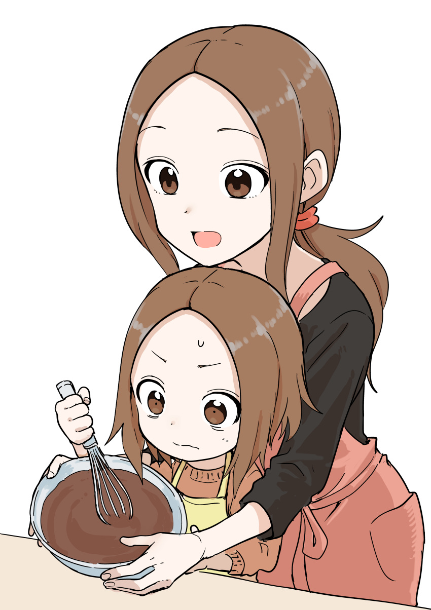 2girls absurdres apron black_shirt bowl brown_eyes brown_hair forehead highres holding holding_bowl inaba_mifumi karakai_jouzu_no_(moto)_takagi-san karakai_jouzu_no_takagi-san long_sleeves mixing mixing_bowl mother_and_daughter multiple_girls nishikata_chii shirt simple_background smile sweatdrop sweater table takagi-san wavy_mouth whisking