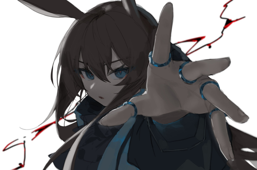 1girl absurdres amiya_(arknights) animal_ears arknights ascot black_ascot blue_eyes brown_hair commentary_request hair_between_eyes highres jewelry long_hair long_sleeves multiple_rings open_mouth originium_arts_(arknights) ozeu0916 rabbit_ears reaching reaching_towards_viewer ring simple_background solo thumb_ring very_long_hair white_background