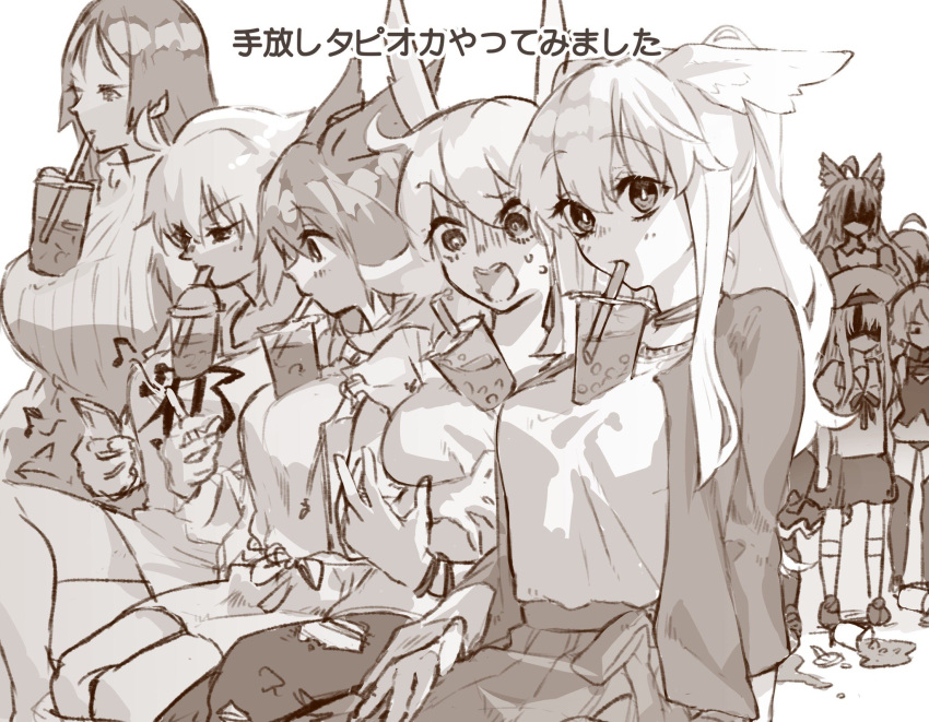 6+girls artoria_pendragon_(fate) atalanta_(fate) beret blush breasts cellphone choker clothes_writing crossed_legs cup drinking_straw fate/grand_order fate_(series) hat head_wings highres hildr_(fate) homurahara_academy_school_uniform illyasviel_von_einzbern jack_the_ripper_(fate/apocrypha) jacket jeanne_d'arc_alter_(avenger)_(fate) jeanne_d'arc_alter_(fate) large_breasts long_hair long_skirt minamoto_no_raikou_(fate) mitsurugi_sugar multiple_girls nursery_rhyme_(fate) open_mouth ortlinde_(fate) phone ponytail ribbed_sweater saber school_uniform shaded_face shirt short_sleeves sidelocks sitting skirt small_breasts spill sweater thrud_(fate) translation_request turtleneck turtleneck_sweater valkyrie_(fate) wings