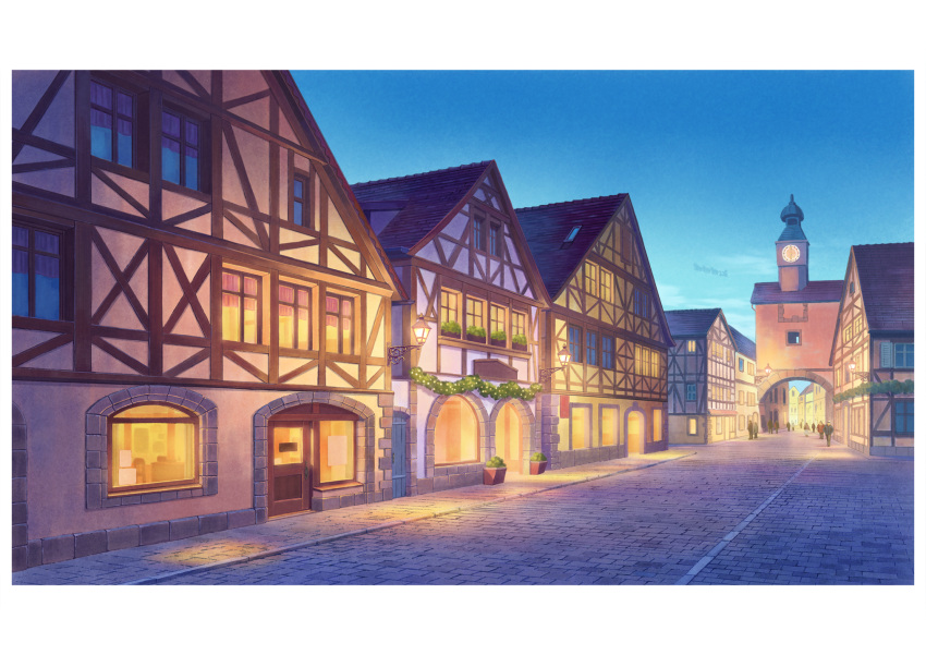 blue_sky building clock clock_tower cobblestone european_architecture hariken highres house lights night original outdoors people plant potted_plant scenery sky tower