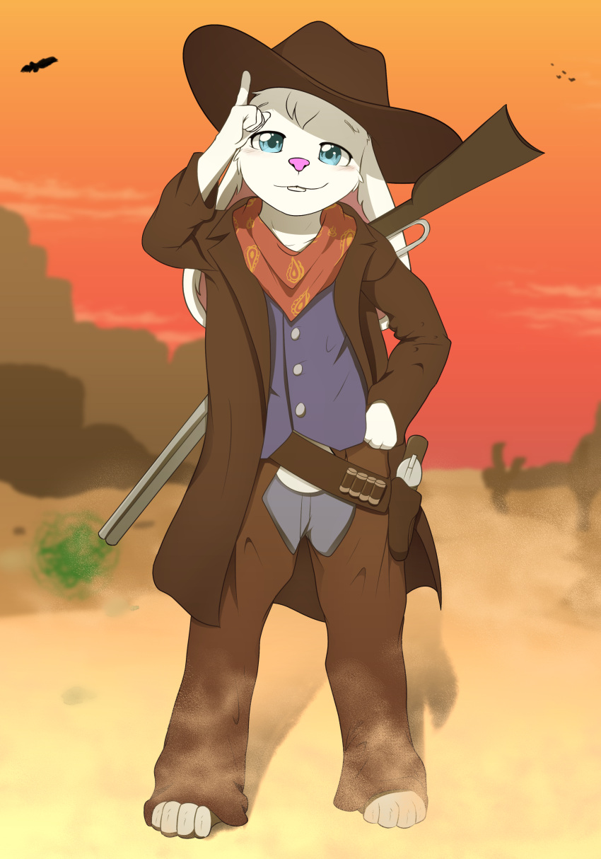 5_fingers absurd_res ambient_bird anthro anthro_focus avian biped bird blue_eyes buckteeth clothed clothing cowboy_hat fingers fur group gun hat headgear headwear hi_res kevin_snowpaw khaimera lagomorph leporid looking_at_viewer male mammal pink_nose rabbit ranged_weapon smile smiling_at_viewer solo_focus standing teeth tumbleweed weapon white_body white_fur