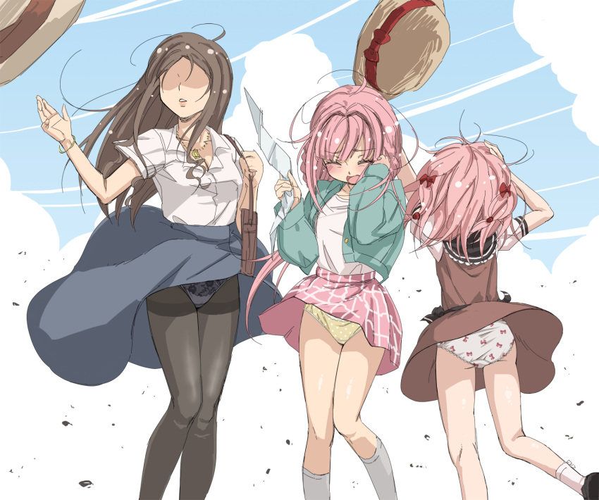 3girls black_hair bow closed_eyes hair_bow hair_ornament hat hat_removed headwear_removed highres holding holding_clothes long_hair magia_record:_mahou_shoujo_madoka_magica_gaiden mahou_shoujo_madoka_magica multiple_girls nanami_yachiyo panties pantyhose pink_hair print_panties shirt skirt socks standing straw_hat sun_hat tamaki_iroha tamaki_ui underwear very_long_hair wind wind_lift you2