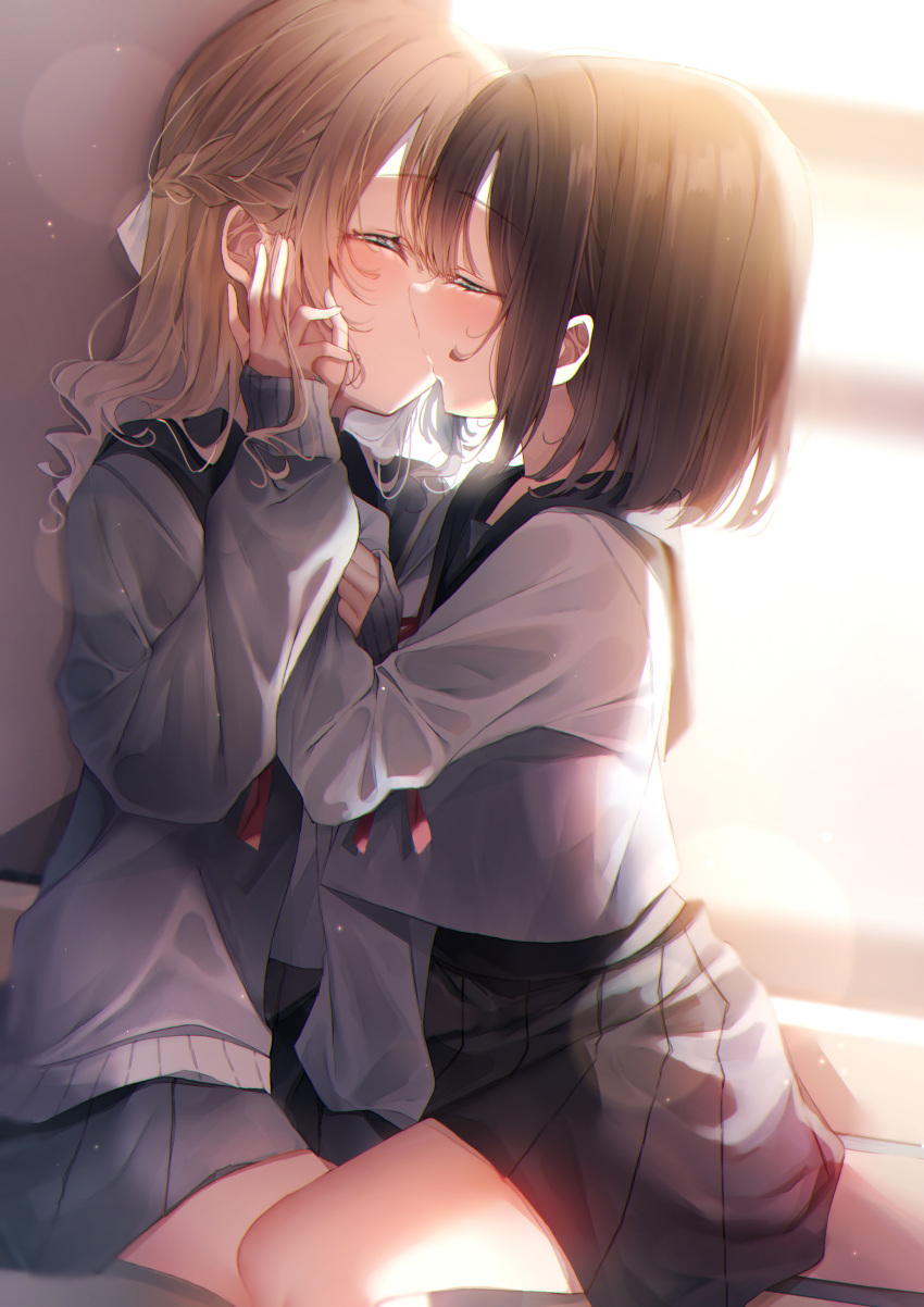 2girls absurdres backlighting black_sailor_collar black_skirt blonde_hair blush bob_cut bow bowtie braid brown_hair cardigan chromatic_aberration closed_eyes commentary grey_cardigan half_updo hand_on_another's_cheek hand_on_another's_face hand_on_another's_hand highres kiss lens_flare light_particles long_hair long_sleeves medium_hair multiple_girls original pleated_skirt puffy_sleeves red_bow red_bowtie sailor_collar school_uniform serafuku shirt sidelocks sitting skirt touki_matsuri white_serafuku white_shirt yuri