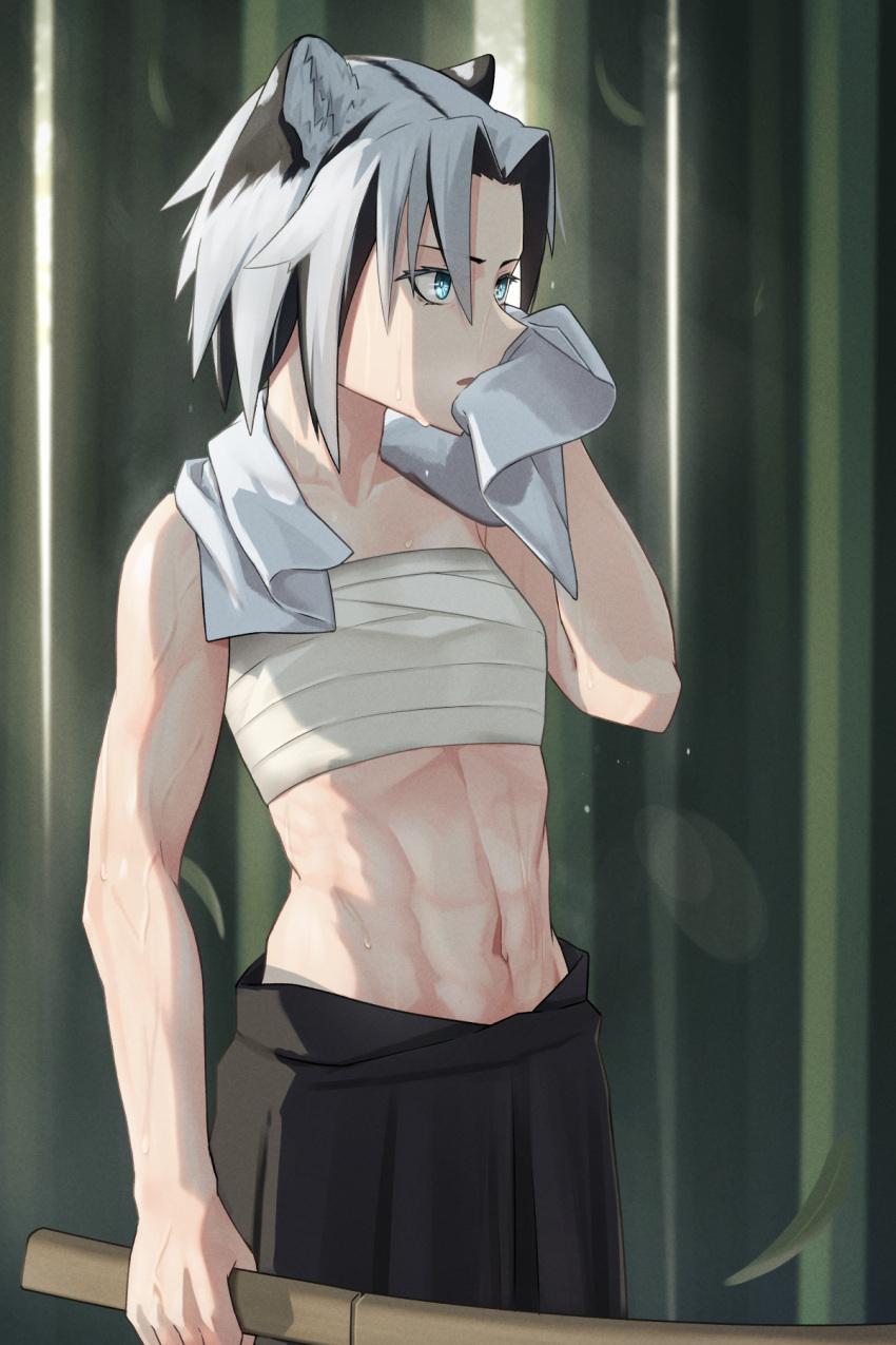 1girl abs animal_ears black_hair blue_eyes bokken chest_sarashi highres kis_sako multicolored_hair muscular muscular_female original sarashi short_hair sweat sword towel towel_around_neck two-tone_hair veins veiny_arms weapon white_hair wooden_sword