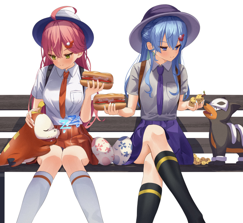 absurdres ahoge asakura_(asa_t77) backpack bag black_socks blue_eyes blue_hair breast_pocket collared_shirt colored_inner_hair creature_on_lap crossed_legs eating egg feet_out_of_frame food fuecoco green_eyes hair_ornament hairclip half_updo hat highres hololive hoshimachi_suisei houndour kneehighs long_hair miniskirt multicolored_hair naranja_academy_school_uniform necktie on_bench orange_necktie orange_skirt pink_hair pocket pokemon pokemon_(game) pokemon_egg pokemon_sv purple_necktie purple_skirt sakura_miko sandwich school_uniform shirt sitting sitting_on_bench skirt sleeveless sleeveless_shirt socks submarine_sandwich uva_academy_school_uniform white_shirt white_socks