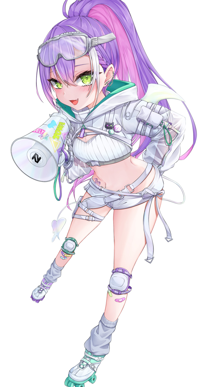 1girl absurdres bandaid bandaid_on_leg belt blush colored_inner_hair demon_girl demon_tail demon_wings ear_chain ear_piercing eyewear_on_head fangs foreshortening goggles gradient_hair green_eyes grey_socks hand_on_own_hip high_ponytail highres hip_tattoo holding holding_megaphone hololive hood hood_down hooded_shrug knee_pads long_hair long_sleeves looking_at_viewer loose_socks megaphone multicolored_hair multiple_belts navel_piercing official_alternate_costume official_alternate_hairstyle open_mouth piercing pink_hair pointy_ears puffy_long_sleeves puffy_sleeves purple_hair rike_111 roller_skates see-through see-through_sleeves short_shorts shorts shrug_(clothing) simple_background skates socks solo strapless streaked_hair tail tattoo thigh_pouch thigh_strap tokoyami_towa tokoyami_towa_(5th_costume) tube_top turtleneck very_long_hair virtual_youtuber white_background white_footwear white_hair white_shorts white_shrug white_tube_top white_wings winged_heart_tattoo wings