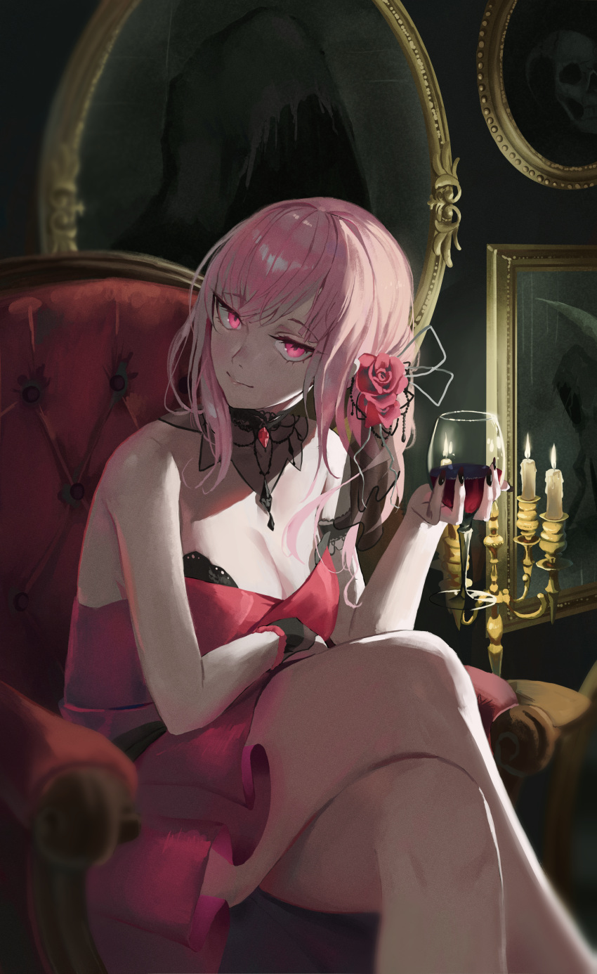 1girl absurdres alcohol bare_legs bare_shoulders breasts candle candlestand cleavage crossed_legs cup detached_collar dotthebot drawing_(object) dress drinking_glass feet_out_of_frame fingernails flower hair_flower hair_ornament highres holding holding_cup hololive hololive_english indoors legs light_smile looking_at_viewer medium_breasts mori_calliope mori_calliope_(3rd_costume) nail_polish official_alternate_costume picture_frame pink_eyes pink_hair red_dress sitting solo strapless strapless_dress virtual_youtuber wine wine_glass