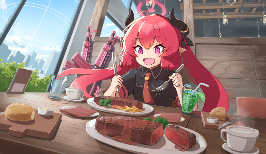 1girl ahoge assault_rifle black_horns black_shirt blue_archive bread broccoli ceiling_light collared_shirt commentary cup day demon_girl demon_horns drink drinking_straw fang food fork french_fries gun hair_between_eyes halo highres holding holding_fork holding_knife horns indoors junko_(blue_archive) knife koutsuu_(koutuukanseikan) long_hair melon_soda necktie open_mouth pink_eyes pointy_ears red_hair red_halo red_necktie rifle saucer shirt short_sleeves skin_fang slit_pupils solo steak stg44 table teacup twintails weapon window wooden_table