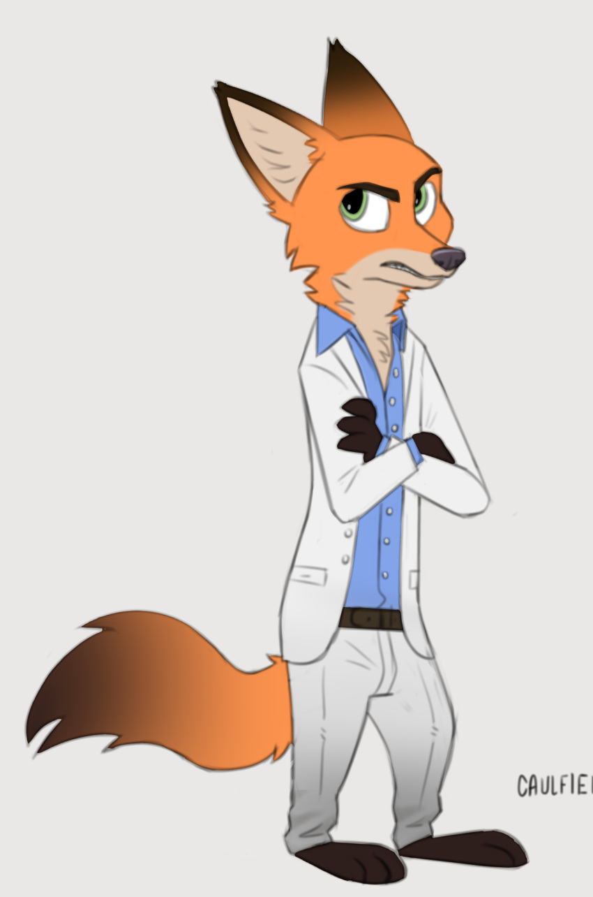 anthro canid canine caulfie clothing crossed_arms crossover disney fox frown_eyebrows grey_background hi_res left_4_dead_(series) male mammal nick_wilde simple_background solo standing suit valve zootopia