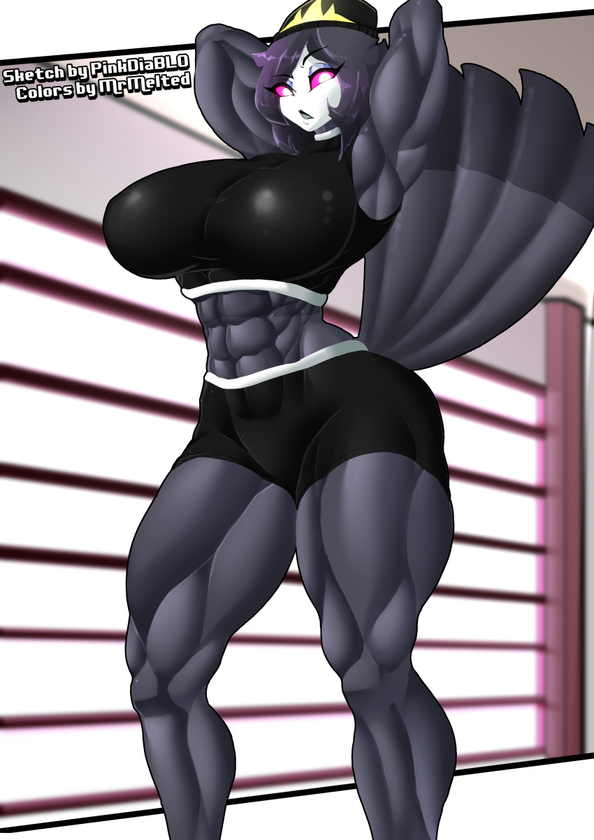 2023 abs absurd_res anthro avian avian_demon beanie bird breasts clothing feathers female hair hat headgear headwear helluva_boss hi_res mrmelted muscular muscular_female octavia_(helluva_boss) owl owl_demon pink_sclera pinkdiablo solo tail_feathers white_eyes