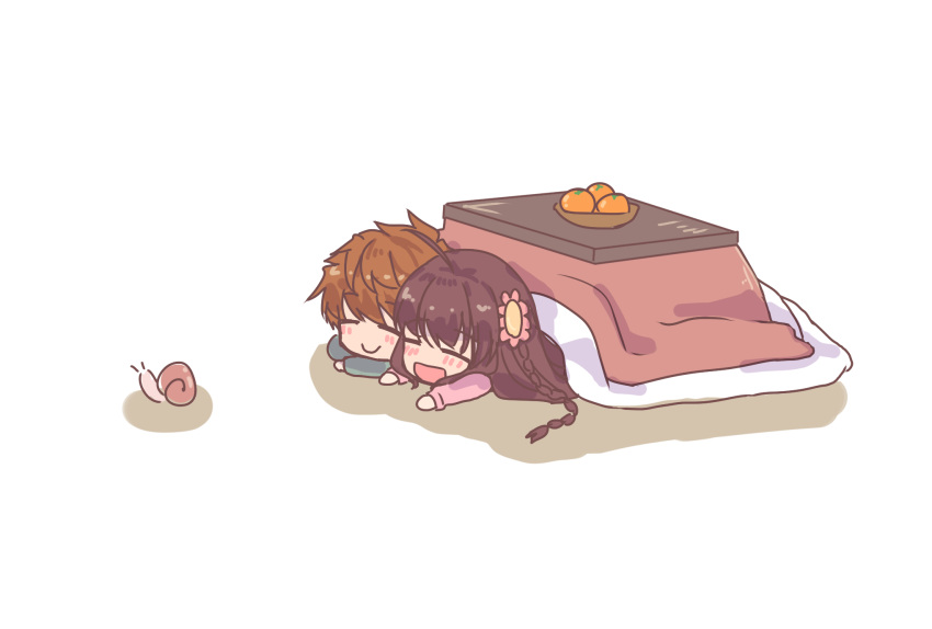 1boy 1girl :d =_= ahoge blush braid chibi closed_mouth commentary_request couple flower food fruit hair_between_eyes hair_flower hair_ornament happy hetero highres kanbe_kotori kotatsu kurage_(kurage19) lazy long_sleeves lying mandarin_orange on_stomach open_mouth orange_hair relaxing rewrite short_hair simple_background smile snail spiked_hair sunflower_hair_ornament table tennouji_kotarou under_kotatsu under_table white_background