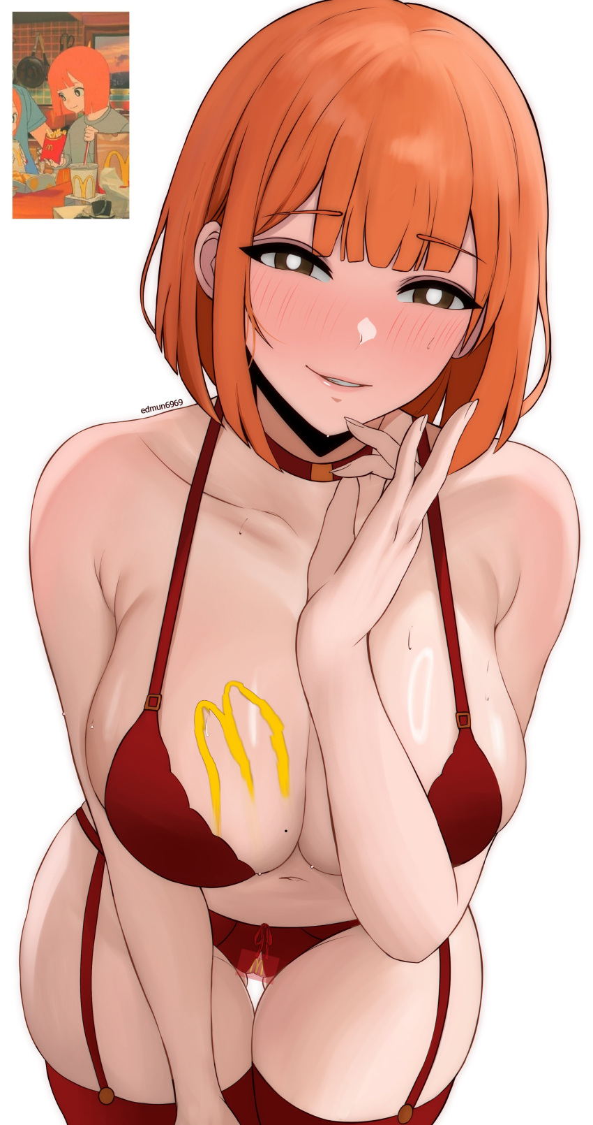 1girl absurdres alternate_breast_size blunt_bangs blush bra breasts bright_pupils brown_eyes censored choker collarbone crotchless crotchless_panties edmun6969 english_commentary hand_up highres huge_breasts large_breasts leaning_forward lingerie mcdonald's mole mole_on_breast mother_(yoru_mac) mustard navel orange_hair panties parted_lips red_bra red_choker red_garter_belt red_panties red_thighhighs reference_inset short_hair smile solo standing thigh_gap thighhighs thighs twitter_username underwear white_background white_pupils yoru_mac