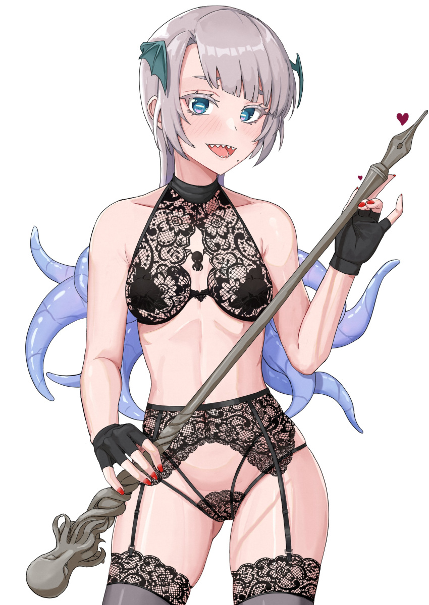 1girl absurdres black_gloves blue_eyes bra cane collarbone colored_eyelashes cowboy_shot fingerless_gloves floral_print gloves grey_hair halterneck head_wings heart highres holding holding_cane horizontal_pupils indie_virtual_youtuber kuon_bb lace lace-trimmed_thighhighs lace_bra lace_garter_belt lace_panties long_hair mole mole_under_mouth octopus open_mouth panties pochimaru_(vtuber) red_nails sharp_teeth solo teeth tentacle_hair underwear wings