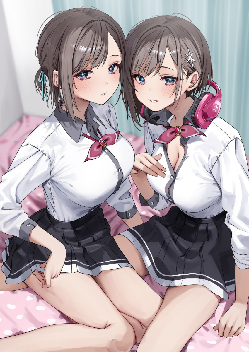 2girls absurdres arm_support black_skirt blue_eyes blush bow bowtie breasts chigusa_minori cleavage collared_shirt commentary_request dress_shirt futago_matomete_kanojo_ni_shinai? grey_hair hair_behind_ear hair_ornament headphones headphones_around_neck highres indoors large_breasts looking_at_viewer multiple_girls official_art parted_lips pleated_skirt red_bow red_bowtie red_brooch school_uniform second-party_source shirt short_hair short_ponytail siblings sidelocks sisters sitting skirt smile star_(symbol) star_hair_ornament twins usami_chikage usami_hikari white_shirt
