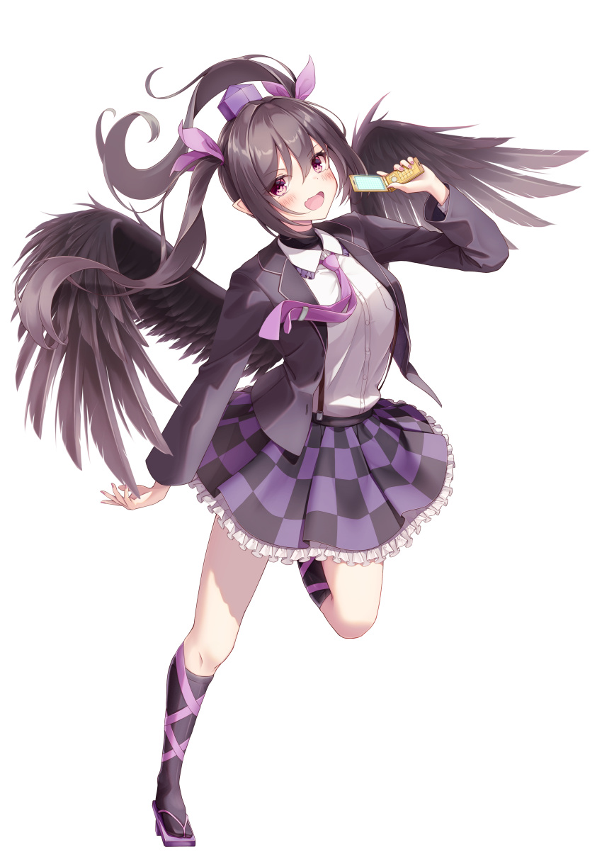 1girl absurdres bird_wings black_feathers black_jacket black_skirt black_socks black_wings blazer blush brown_hair cellphone checkered_clothes checkered_skirt collared_shirt fang feathered_wings feathers frilled_skirt frills full_body geta hair_between_eyes hat highres himekaidou_hatate holding holding_phone jacket kneehighs long_hair long_sleeves messiah_&amp;_crea necktie open_clothes open_jacket open_mouth phone purple_eyes purple_footwear purple_headwear purple_necktie purple_skirt shirt simple_background skin_fang skirt smile socks solo tokin_hat touhou twintails white_background white_shirt wings