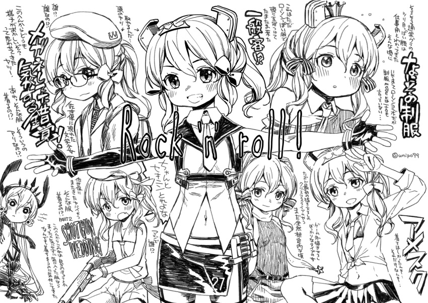 2girls bespectacled blush closed_mouth crown fang fast_light_carrier_water_demon fingerless_gloves glasses gloves greyscale grin gun hair_between_eyes hair_ornament hair_ribbon harukaze_unipo hat headgear holding holding_gun holding_weapon kantai_collection langley_(kancolle) mini_crown monochrome multiple_girls navel open_mouth parted_lips pencil_skirt ponytail ribbon shotgun skirt smile translation_request twitter_username w weapon