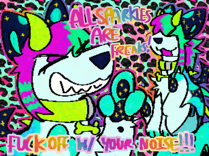 ambiguous_gender canid canine canis collar collar_only diaper digital_media_(artwork) english_text feral feral_with_hair feralmunchies gesture gradient gradient_text hair hi_res infantilism mammal middle_finger nude pixel_(artwork) pixelated pride_(disambiguation) rainbow rainbow_colors smile smirk solo sparkledog sparklefur text wings wolf