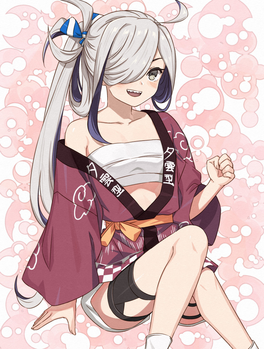 1girl absurdres asashimo_(kancolle) chest_sarashi clenched_hand commentary grey_eyes hair_between_eyes hair_over_one_eye hair_ribbon happi highres invisible_chair japanese_clothes kanmiya_shinobu kantai_collection long_hair long_sleeves looking_at_viewer off_shoulder official_alternate_costume open_mouth ponytail ribbon sarashi sharp_teeth simple_background sitting solo teeth thigh_strap very_long_hair