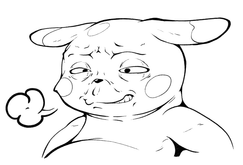 =3 animal_focus blush_stickers commentary cropped_torso furrowed_brow greyscale half-closed_eyes highres lineart monochrome no_humans pikachu pokemon pokemon_(creature) simple_background solo teeth upper_body white_background zen_migawa