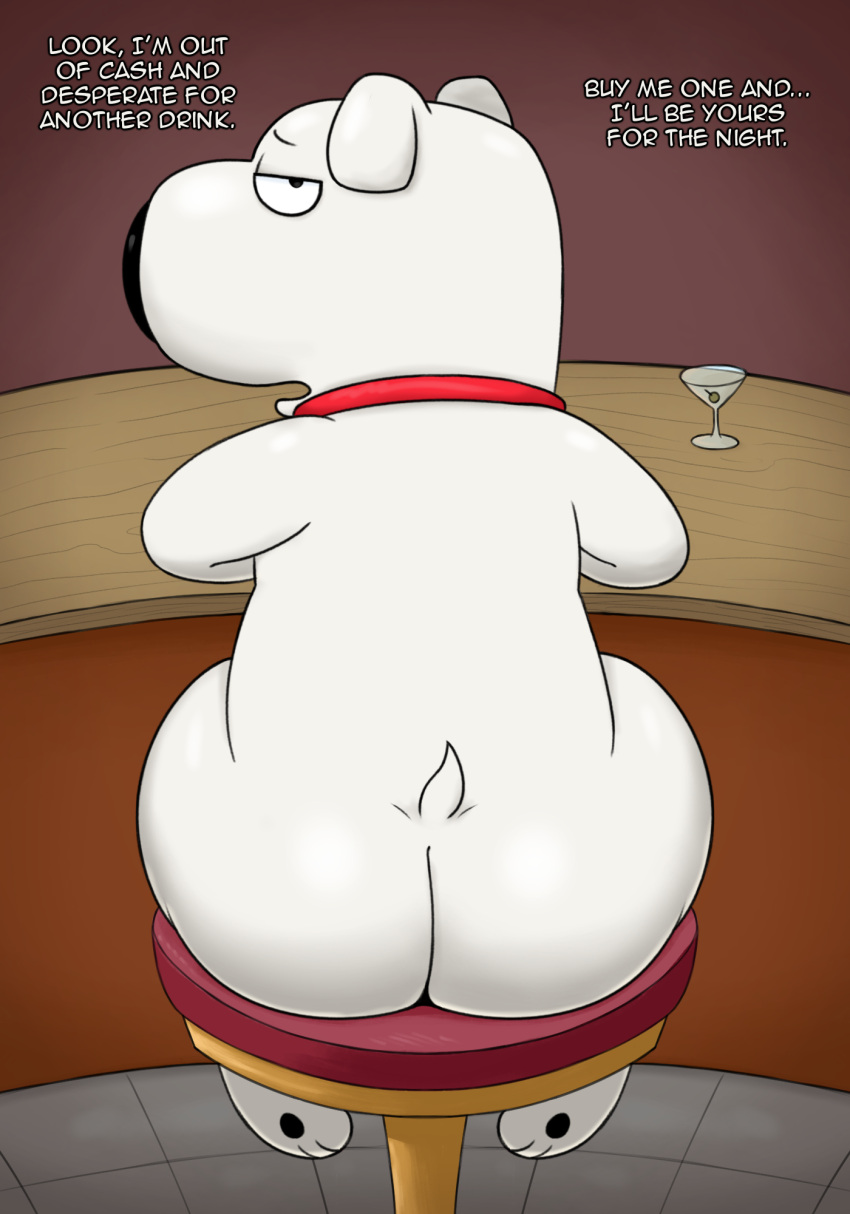 anthro bar bar_stool big_butt big_nose big_snout black_nose brian_griffin butt canid canine canis cocktail_glass collar collar_only container cup dialogue digital_drawing_(artwork) digital_media_(artwork) domestic_dog drinking_glass english_text family_guy floor food fruit fur furniture glass glass_container glass_cup hi_res looking_back male mammal nude olive_(fruit) open_mouth pawpads paws plant red_collar sitting solo stool tail text tile tile_floor white_body white_fur wood zlut385