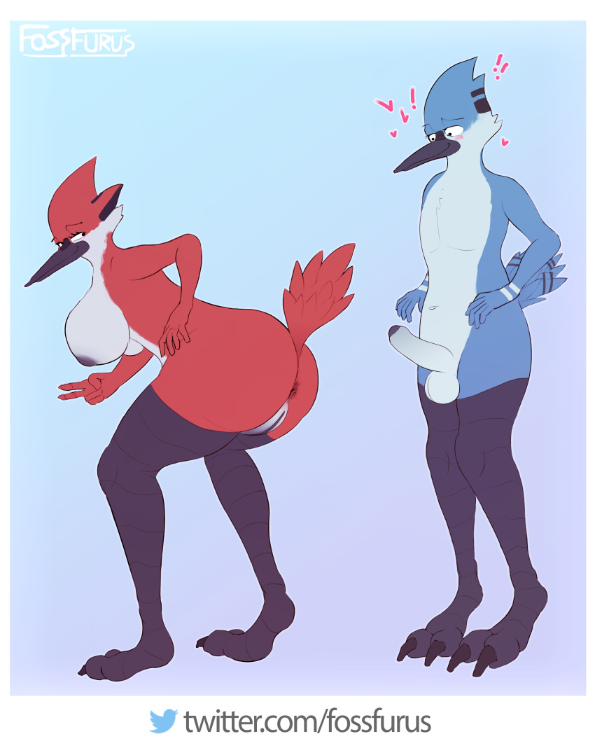 &lt;3 absurd_res anthro avian beak big_breasts big_feet bird blush breasts cartoon_network claws duo feathers feet female foreskin fossfurus genitals hand_on_butt hand_on_leg hand_on_thigh hands_on_legs hands_on_thighs hi_res male male/female margaret_smith_(regular_show) mordecai_(regular_show) penis presenting pussy regular_show smile stare staring_at_ass talons wide_eyed