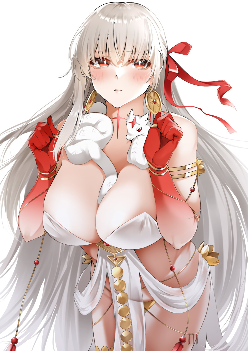 1girl absurdres armlet bare_shoulders belly_chain blush body_markings bracelet breasts cleavage collarbone colored_skin durga_(fate) earrings facial_mark fate/grand_order fate_(series) forehead_mark gradient_skin grey_hair hair_ribbon highres jewelry large_breasts len_(hand_linke) long_hair looking_at_viewer pelvic_curtain red_eyes red_skin revealing_clothes ribbon sash snake solo thighs thumb_ring very_long_hair white_background