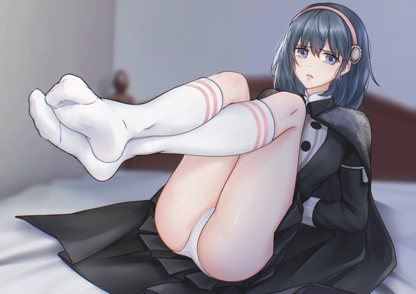 1girl absurdres arms_behind_back ass bed bed_sheet bedroom black_cape black_skirt blue_eyes blue_hair blush breasts byleth_(female)_(fire_emblem) byleth_(fire_emblem) cameltoe cape closed_mouth crossed_legs eyelashes feet feet_up fire_emblem frown full_body ghhoward hairband highres indoors knees_up leaning_back legs long_hair looking_at_viewer no_shoes panties pink_hairband pleated_skirt ribbed_socks shiny_skin sidelocks skirt socks soles solo thighs toes underwear white_panties white_socks