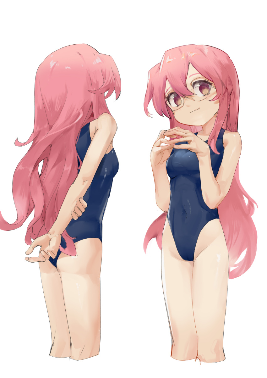 1girl absurdres ass ass_(zhengzhen) blue_one-piece_swimsuit breasts closed_mouth covered_navel cropped_legs flat_ass glasses hair_between_eyes hand_on_own_arm hands_up highleg highleg_swimsuit highres long_hair lucky_star multiple_views one-piece_swimsuit orange_eyes pink_hair simple_background small_breasts smile solo standing swimsuit takara_miyuki white_background