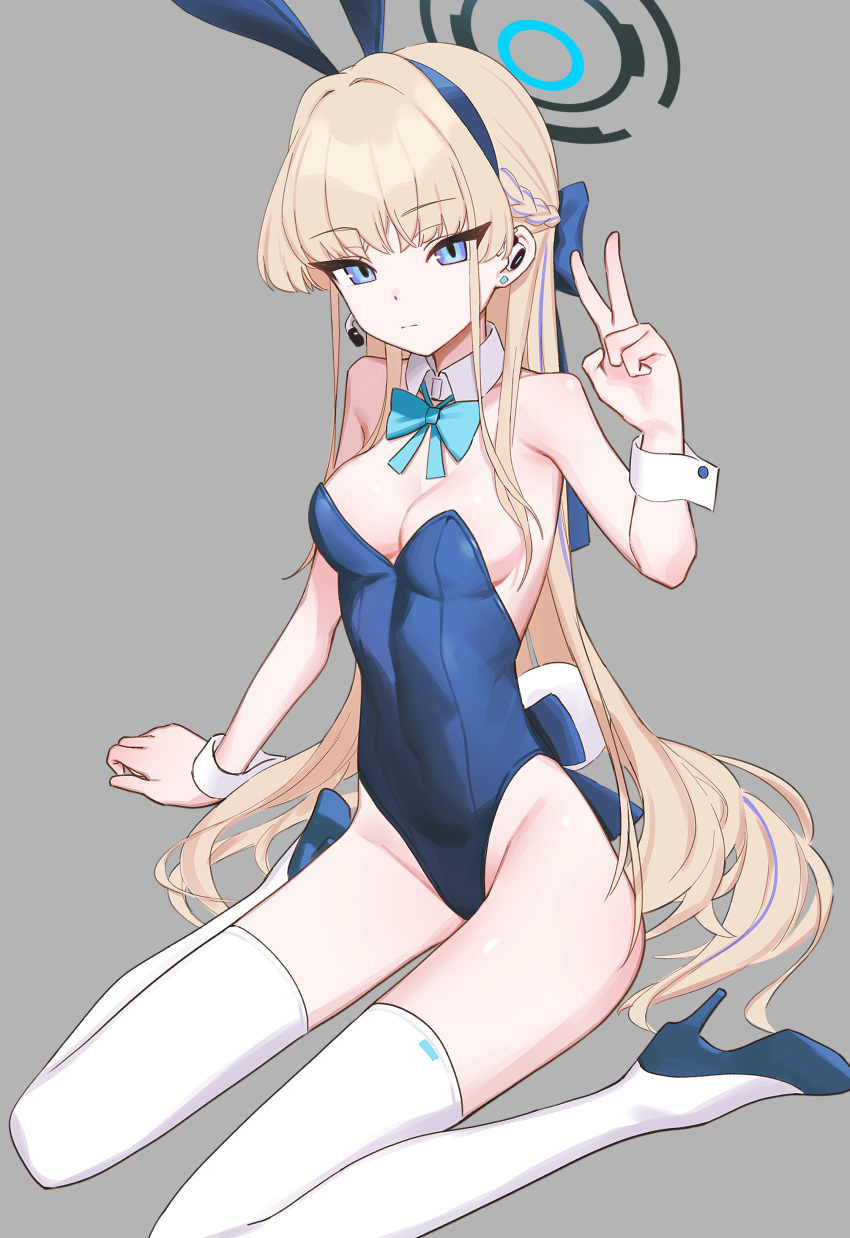 1girl absurdres animal_ears aruruaaaa black_halo blonde_hair blue_archive blue_bow blue_bowtie blue_eyes blue_footwear blue_halo blue_leotard blue_ribbon bow bowtie braid breasts cleavage closed_mouth collar commentary_request covered_navel cropped_legs detached_collar earpiece earrings fake_animal_ears fake_tail french_braid grey_background hair_bow hair_intakes hair_ribbon halo hand_up high_heels highleg highleg_leotard highres jewelry leotard long_hair looking_at_viewer medium_breasts official_alternate_costume official_alternate_hairstyle playboy_bunny rabbit_ears rabbit_tail ribbon sitting solo strapless strapless_leotard stud_earrings tail thighhighs toki_(blue_archive) toki_(bunny)_(blue_archive) v very_long_hair wariza white_collar white_thighhighs white_wrist_cuffs