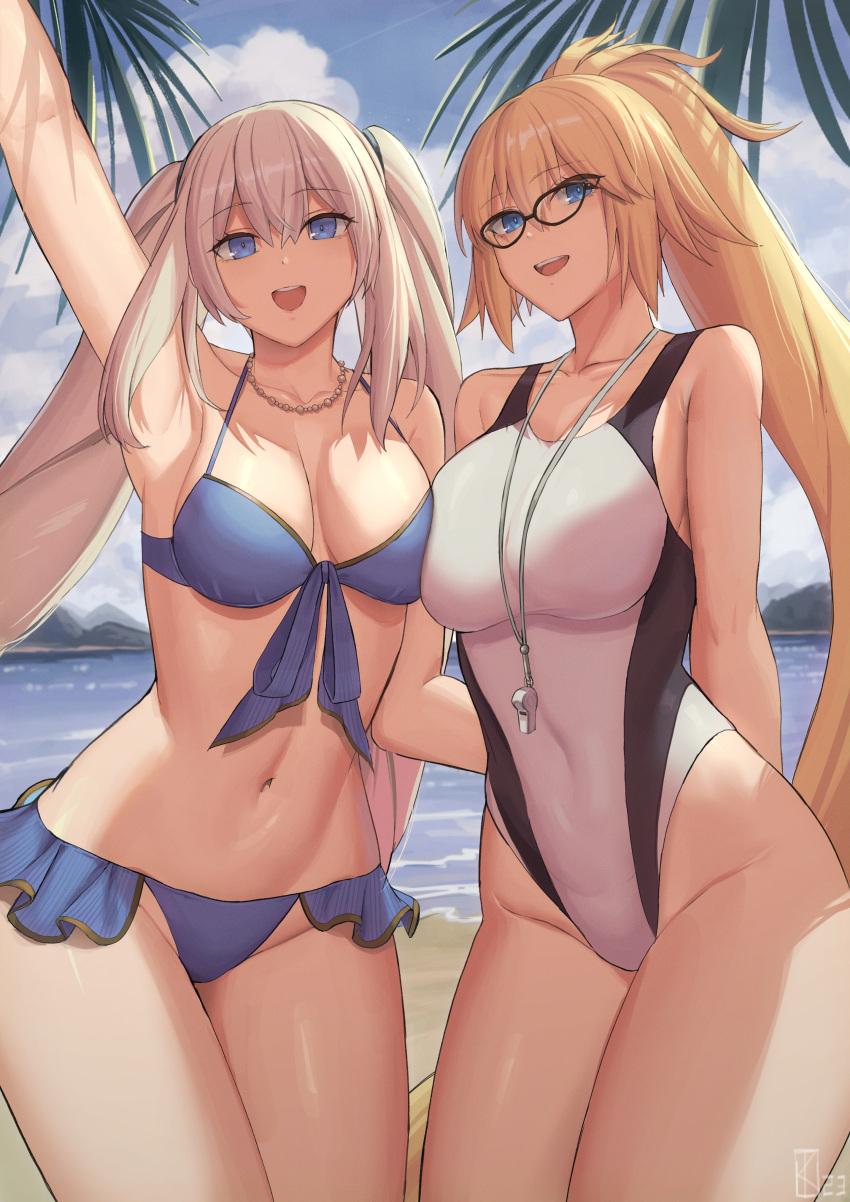 2girls :d absurdres arm_up armpits arms_behind_back artoria_pendragon_(swimsuit_archer)_(first_ascension)_(fate) beach bead_necklace beads bikini blonde_hair blue_bikini blue_eyes blue_sky breasts cloud collarbone day fate/grand_order fate_(series) high_ponytail highres jeanne_d'arc_(fate) jeanne_d'arc_(swimsuit_archer)_(fate) jewelry kakeku large_breasts long_hair marie_antoinette_(fate) marie_antoinette_(swimsuit_caster)_(fate) medium_breasts multiple_girls navel necklace official_alternate_costume one-piece_swimsuit open_mouth outdoors sky smile stomach swimsuit thighs twintails very_long_hair white_hair white_one-piece_swimsuit