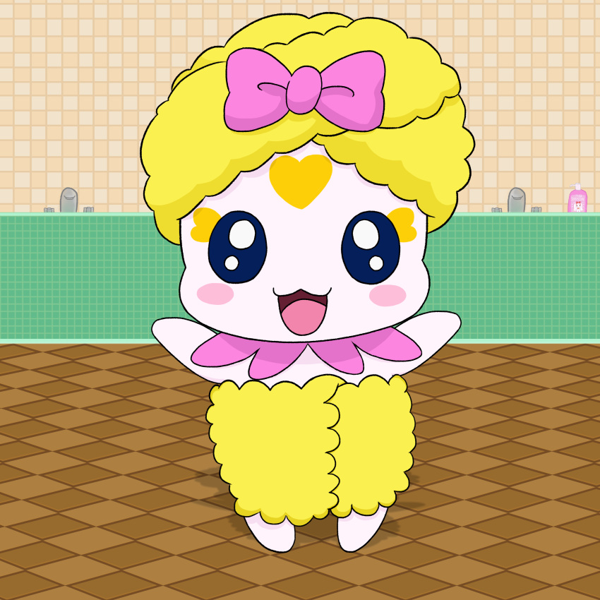 &lt;3 absurd_res accessory anthro bathroom blonde_hair blue_eyes blush bovid bow_(feature) bow_accessory candy_(pretty_cure) caprine fairy female fur hair hair_accessory heart_(marking) hi_res humanoid mammal masterlinkx milk_(pretty_cure) open_mouth open_smile pink_bow pretty_cure raised_arms shampoo_bottle sheep smile smile_precure smile_pretty_cure solo towel towel_around_waist towel_on_head wool_(fur) yellow_body yellow_fur yellow_wool