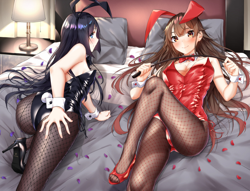 2girls animal_ears ass bare_shoulders bed black_bow black_bowtie black_footwear black_hair black_leotard blue_eyes blush bow bowtie breasts brown_hair brown_pantyhose cleavage detached_collar fake_animal_ears fake_tail feet fishnet_pantyhose fishnets fuyushima_enishi hand_on_own_ass harumachi_hashira high_heels highres holding_riding_crop indoors lamp large_breasts leotard long_hair looking_at_viewer multiple_girls on_bed pantyhose pillow playboy_bunny rabbit_ears rabbit_tail red_bow red_bowtie red_footwear riding_crop sahara386 sex_and_dungeon side-tie_leotard small_breasts stiletto_heels strapless strapless_leotard tail thighs traditional_bowtie white_wrist_cuffs yellow_eyes