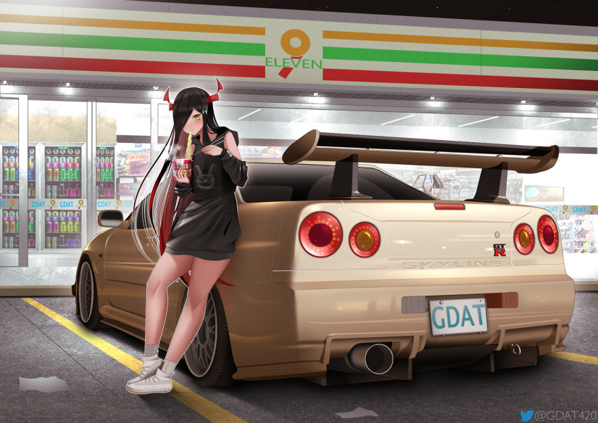 1girl 7-eleven artist_name azur_lane black_hair black_hoodie brand_name_imitation eating friedrich_der_grosse_(azur_lane) gdat hair_over_one_eye hood hoodie horns instant_ramen long_hair nissan nissan_skyline nissan_skyline_r34 socks twitter_username white_footwear white_socks yellow_eyes