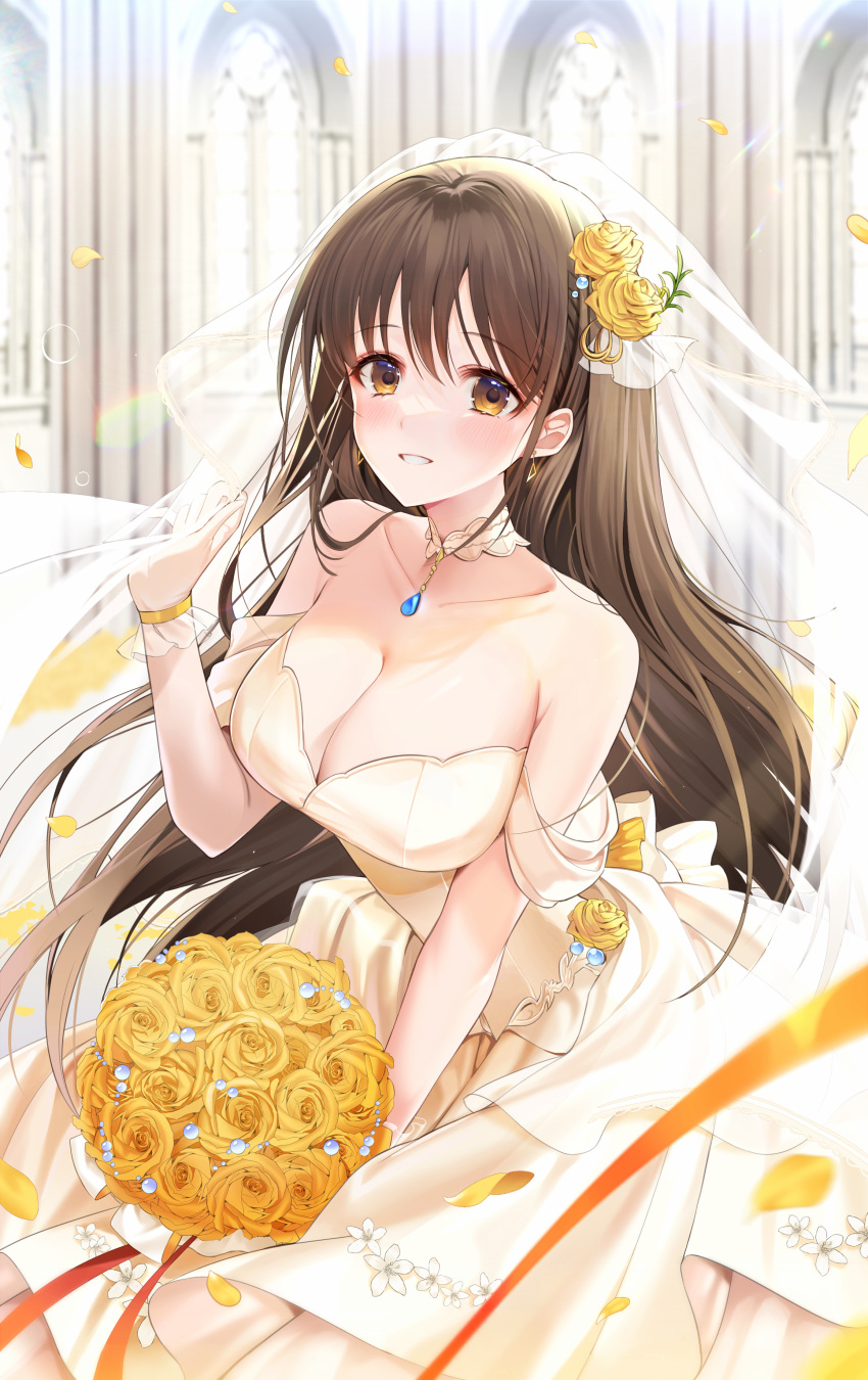 1girl absurdres bouquet breasts bridal_veil bride brown_eyes commission diesel_(nikke) dress flower goddess_of_victory:_nikke head highres holding holding_bouquet ion_(on01e) jewelry large_breasts long_hair looking_at_viewer necklace pixiv_commission smile solo veil wedding_dress white_dress yellow_flower