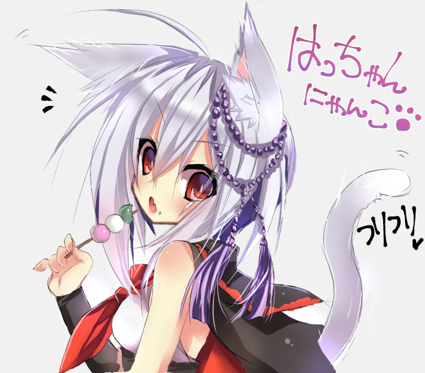 1girl akatsuki_(ggsy7885) animal_ears bare_shoulders beads cape cat_ears cat_tail dango fang food food_on_face from_side grey_background hacchou_nenbutsu_(tenka_hyakken) holding holding_skewer light_purple_hair looking_at_viewer neckerchief notice_lines prayer_beads red_eyes red_neckerchief sailor_collar sanshoku_dango shirt short_hair sidelocks sketch skewer skin_fang sleeveless sleeveless_shirt solo tail tenka_hyakken upper_body v-shaped_eyebrows wagashi