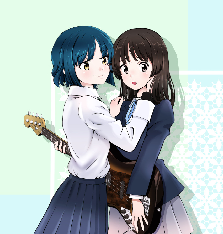 2girls akiyama_mio bass_guitar black_eyes black_hair blazer blue_hair blue_ribbon blue_skirt blunt_bangs bocchi_the_rock! closed_mouth collared_shirt commentary crossover fieldpig from_side grey_skirt hand_on_another's_cheek hand_on_another's_face hand_on_another's_shoulder highres hime_cut holding holding_instrument instrument jacket k-on! long_hair long_sleeves mole mole_under_eye multiple_girls neck_ribbon open_mouth pleated_skirt ribbon sakuragaoka_high_school_uniform school_uniform shimokitazawa_high_school_uniform shirt short_hair sidelocks skirt smile standing white_shirt winter_uniform yamada_ryou yellow_eyes