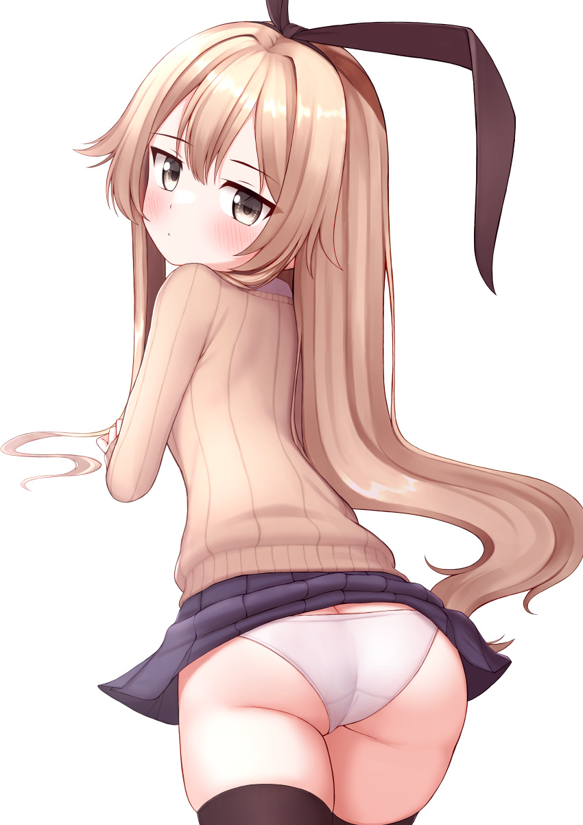 1girl absurdres ass black_skirt black_thighhighs blonde_hair blush cowboy_shot from_behind hair_between_eyes highres kantai_collection long_hair long_sleeves looking_at_viewer miniskirt panties pleated_skirt ribbed_sweater shimakaze_(kancolle) simple_background skirt smile solo sweater thighhighs tiemu_(man190) underwear white_background white_panties yellow_eyes yellow_sweater