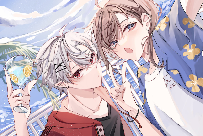 2boys black_shirt blue_eyes blue_jacket brown_hair chronoir cup earrings food fruit glass grey_hair hair_ornament highres holding holding_cup hood hooded_jacket hoodie jacket jewelry kanae_(nijisanji) kuzuha_(nijisanji) lemon long_hair male_focus multiple_boys nagihaha nijisanji open_mouth pointy_ears ponytail red_eyes red_hoodie red_jacket shirt v virtual_youtuber white_shirt x_hair_ornament