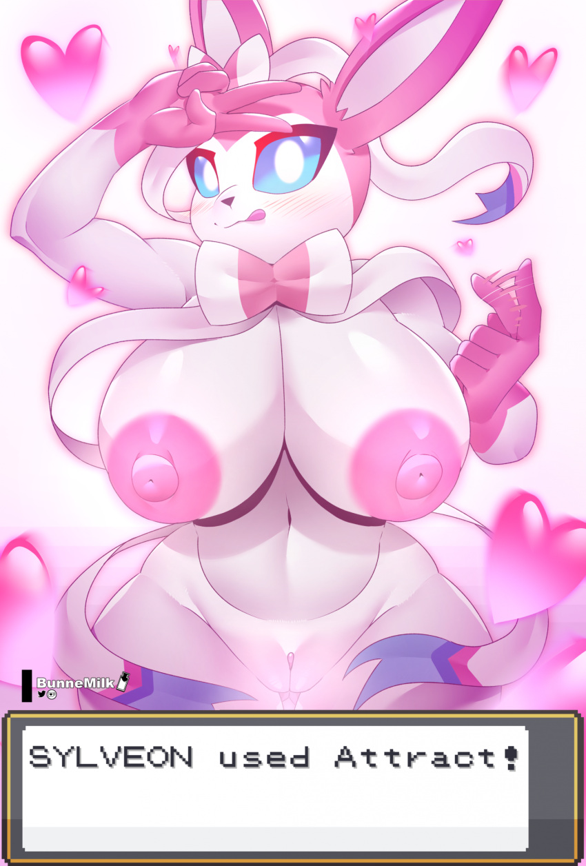 anthro areola big_breasts breasts bunnemilk butt_from_the_front eeveelution female generation_6_pokemon genitals gesture hi_res huge_breasts licking licking_lips licking_own_lips nintendo nipples pink_body pokemon pokemon_(species) pussy solo sylveon thick_thighs tongue tongue_out v_sign