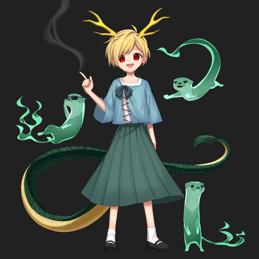 1girl antlers blonde_hair blue_shirt dragon_girl dragon_horns dragon_tail highres horns keiki8296 kicchou_yachie otter otter_spirit_(touhou) red_eyes shirt short_hair smile tail touhou yellow_horns