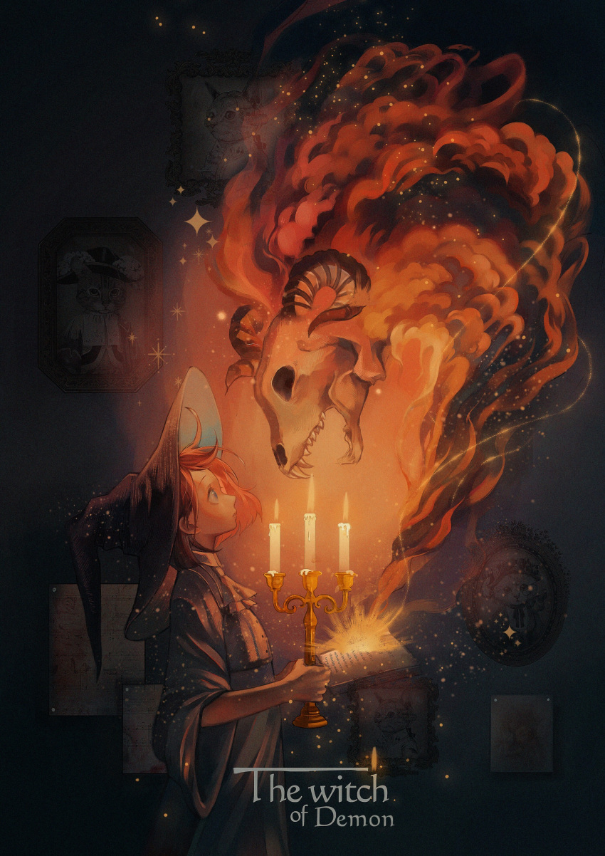 1girl absurdres book candelabra candle candlestand demon english_text fire hat highres holding holding_candle horns jiuminene long_sleeves magic medium_hair orange_hair orange_theme original profile skull smoke solo sparkle sparks upper_body witch witch_hat
