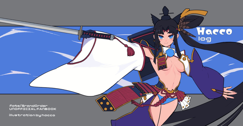 1girl armor black_hair blue_eyes blue_panties breast_curtains breasts cover cover_page cowboy_shot detached_sleeves doujin_cover fate/grand_order fate_(series) gloves hacco_mayu hair_ornament hat highres holding holding_weapon japanese_armor katana light_smile long_hair looking_at_viewer medium_breasts navel panties ponytail revealing_clothes side_ponytail single_glove solo sword tate_eboshi underwear ushiwakamaru_(fate) very_long_hair weapon wide_sleeves