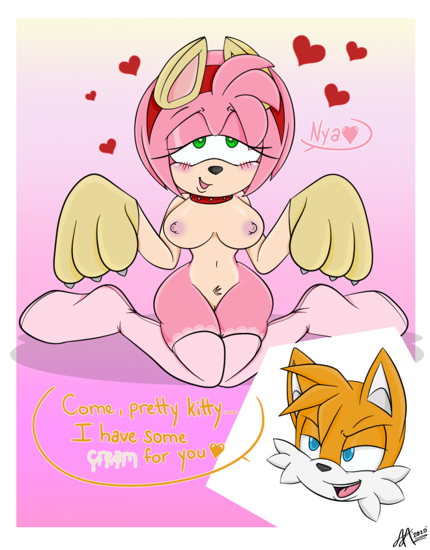&lt;3 &lt;3_eyes 2020 amy_rose anthro big_breasts blue_eyes blush breasts canid canine cat_ear_headband cat_paws clothing collar dialogue digital_drawing_(artwork) digital_media_(artwork) duo english_text eulipotyphlan female fox fur genitals green_eyes hedgehog hi_res kneeling lace_stockings leash legwear leylahshan male male/female mammal miles_prower nipples nude paw_pose petplay pink_body pose pussy roleplay sega shaded signature simple_background sitting sitting_on_ground small_waist smile smirk sonic_the_hedgehog_(series) speech_bubble submissive text thick_thighs thigh_highs url wide_hips