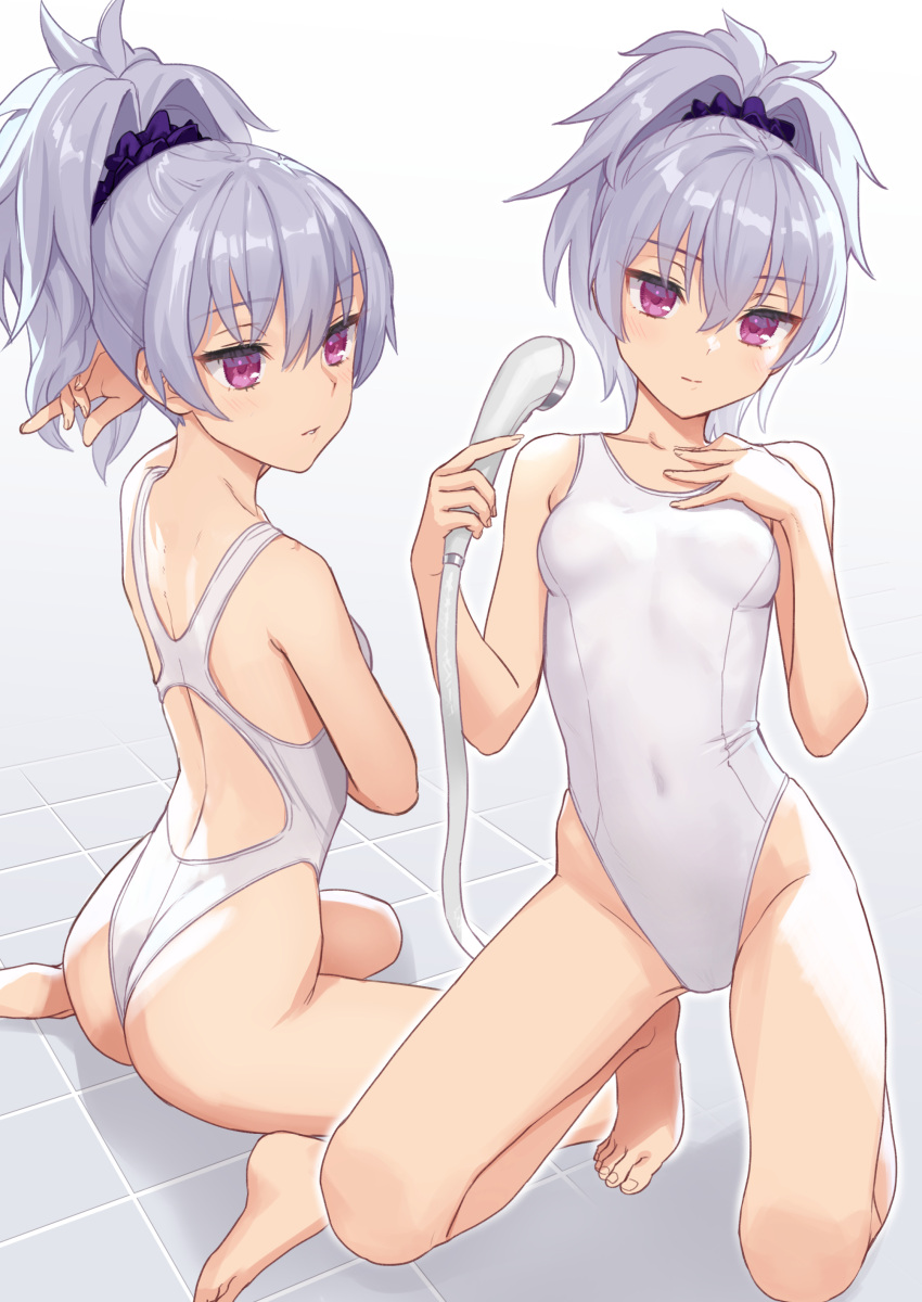 1girl absurdres breasts covered_navel darker_than_black highleg highleg_swimsuit highres holding holding_shower_head kawakami_rokkaku looking_at_viewer multiple_views one-piece_swimsuit ponytail purple_eyes shower_head simple_background sitting small_breasts solo swimsuit tile_floor tiles wariza white_hair white_one-piece_swimsuit yin_(darker_than_black)