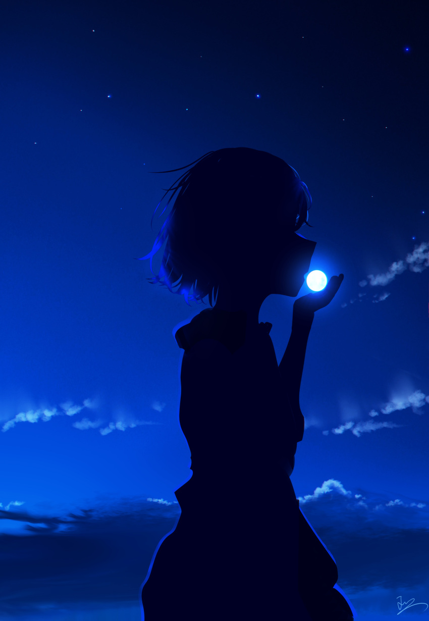 1girl absurdres blue_sky cloud cowboy_shot dark dress forced_perspective from_side hand_up highres night night_sky open_hand original outdoors profile signature silhouette sky skyrick9413 solo star_(sky)