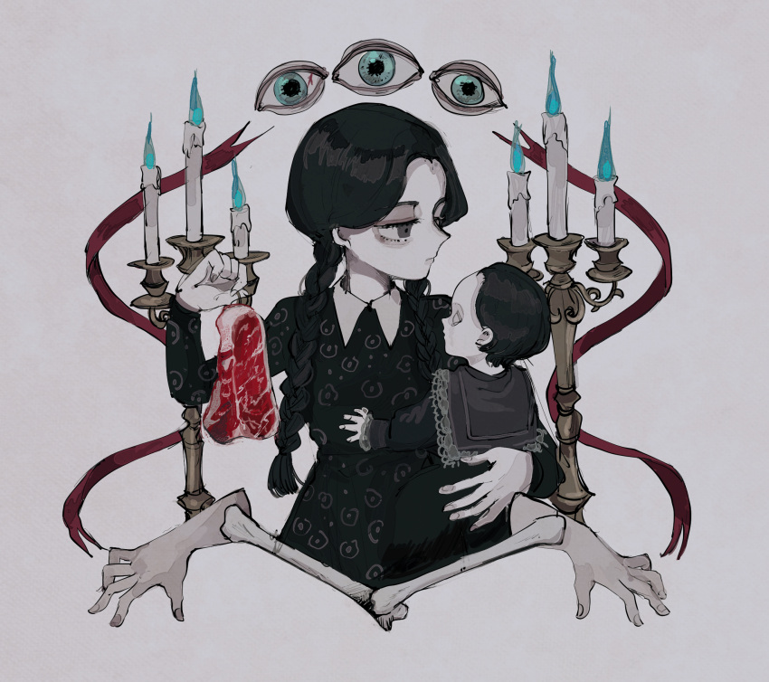 1girl addams_family black_dress black_eyes black_hair bone braid candle closed_mouth collared_dress cropped_torso detached_eyes doll dress food hand_up highres holding holding_doll holding_food long_hair long_sleeves looking_at_viewer meat satou_uzura short_hair twin_braids twintails wednesday_addams