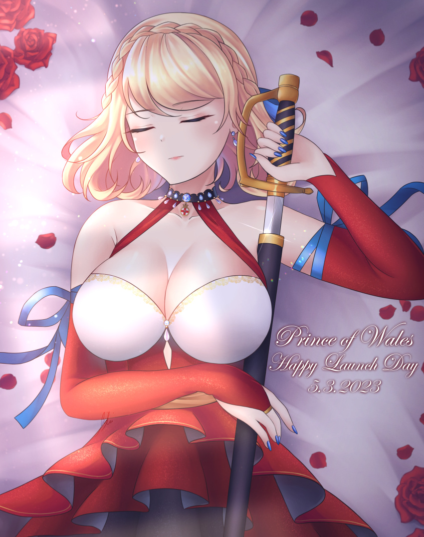 1girl absurdres alternate_costume azur_lane blonde_hair blue_nails blue_ribbon braid breasts bridal_gauntlets character_name cleavage closed_eyes crown_braid dated dress flower highres large_breasts petals prince_of_wales_(azur_lane) pumpkinpaii red_dress ribbon rose rose_petals sheath sword unsheathing weapon