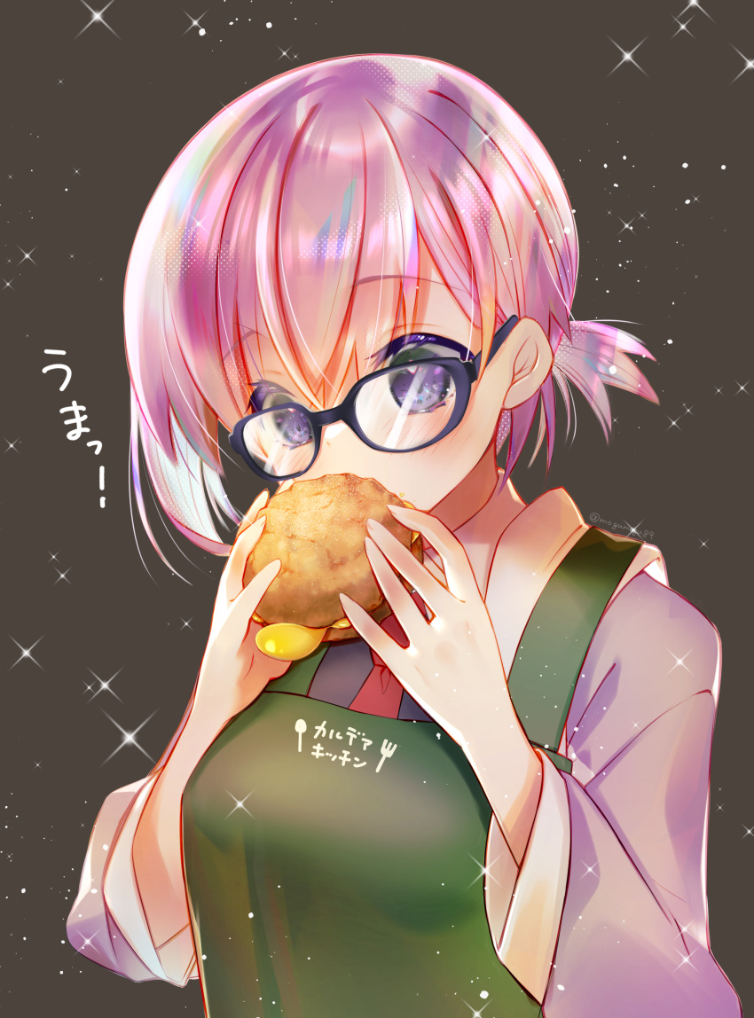1girl absurdres alternate_hairstyle apron black_dress blush commentary_request cream_puff dress eating fate/grand_order fate_(series) food glasses green_apron highres holding holding_food izumi_mogu long_sleeves looking_at_object mash_kyrielight necktie purple_eyes purple_hair red_necktie shirt short_hair solo upper_body white_shirt