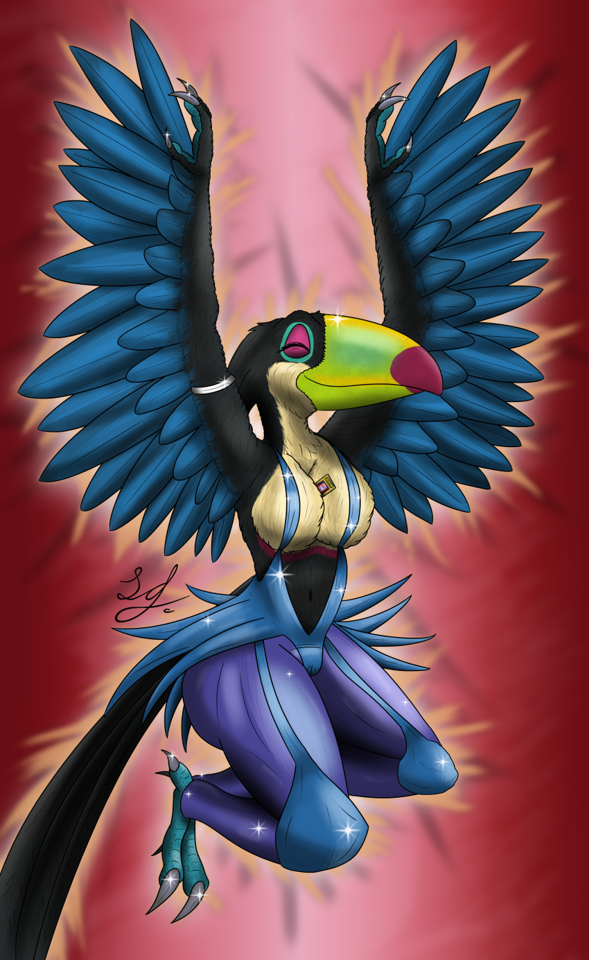 absurd_res anthro avian bird blue_feet blue_sky_studios clothing cosplay costume crossover crossover_cosplay duel_monster eva_(rio) eyes_closed feet female harpie_lady hi_res humanoid keel-billed_toucan lindwormduality midriff object_between_breasts ramphastos rio_(series) smile solo tight_clothing toucan wings yu-gi-oh!