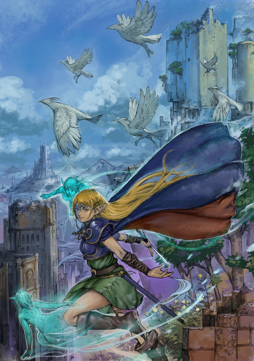 armor bird blonde_hair blue_cape breasts cape circlet cloud deedlit dress elf foot_out_of_frame highres long_hair looking_at_viewer multiple_girls pointy_ears record_of_lodoss_war shoulder_armor smile studiowestflat sword weapon